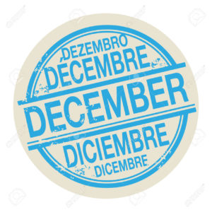 Grunge rubber stamp with the word December in different languages written inside the stamp, vector illustration